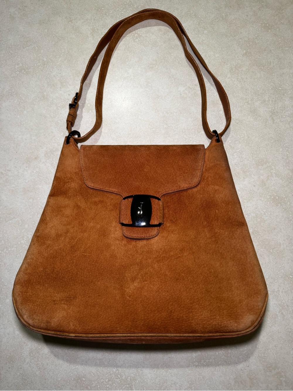 Vtg Salvatore Ferregamo Vara Ribbon Brown Suede Shoulder Hobo Bag Pre-owned